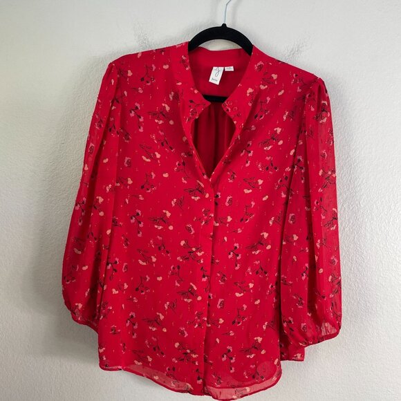 Joie Womens Large Red Floral Blouse Button Up 3/4 Sleeve Shirt Top - Picture 7 of 10